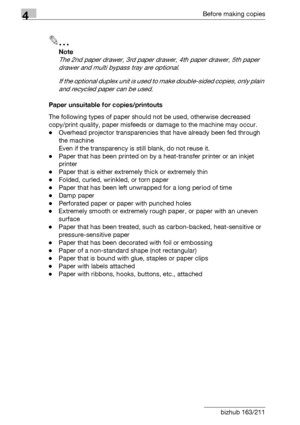 Page 824Before making copies
4-6 bizhub 163/211
2
Note 
The 2nd paper drawer, 3rd paper drawer, 4th paper drawer, 5th paper 
drawer and multi bypass tray are optional.
If the optional duplex unit is used to make double-sided copies, only plain 
and recycled paper can be used.
Paper unsuitable for copies/printouts
The following types of paper should not be used, otherwise decreased 
copy/print quality, paper misfeeds or damage to the machine may occur.
-Overhead projector transparencies that have already been...