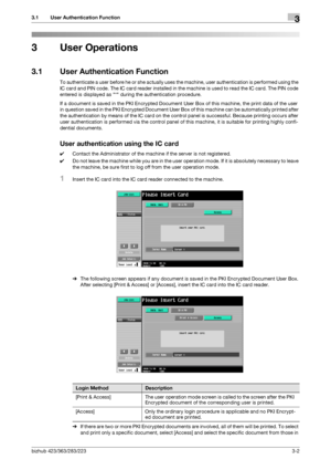 Page 50bizhub 423/363/283/2233-2
3.1 User Authentication Function3
3 User Operations
3.1 User Authentication Function
To authenticate a user before he or she actually uses the machine, user authentication is performed using the 
IC card and PIN code. The IC card reader installed in the machine is used to read the IC card. The PIN code 
entered is displayed as * during the authentication procedure. 
If a document is saved in the PKI Encrypted Document User Box of this machine, the print data of the user 
in...