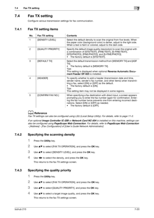 Page 119bizhub 2157-20
7.4 Fax TX setting7
7.4 Fax TX setting
Configure various transmission settings for fax communication.
7.4.1 Fax TX setting items
dReference
Fax TX settings can also be configured using LSU (Local Setup Utility). For details, refer to page 11-3.
If an optional Image Controller IC-209 or Network Card NC-504 is installed on this machine, settings can 
also be configured using PageScope Web Connection. For details, refer to PageScope Web Connection 
- [Address] - [Fax Configuration] of [Users...