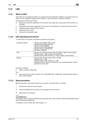 Page 149bizhub 21511-3
11.2 LSU11
11.2 LSU
11.2.1 What is LSU?
LSU stands for Local Setup for Utility. If a computer with this application installed is connected to this ma-
chine, you can change the settings of this machine or view the counter or machine conditions.
LSU supports the following functions.
-Saving the information registered in the one-touch dial, speed dial, or group dial of this machine, in a 
computer
-Changing the information registered in the one-touch dial, speed dial, or group dial of this...