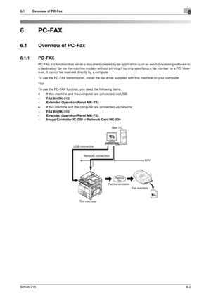 Page 79bizhub 2156-2
6.1 Overview of PC-Fax6
6PC-FAX
6.1 Overview of PC-Fax
6.1.1 PC-FAX
PC-FAX is a function that sends a document created by an application such as word-processing software to 
a destination fax via the machine modem without printing it by only specifying a fax number on a PC. How-
ever, it cannot be received directly by a computer.
To use the PC-FAX transmission, install the fax driver supplied with this machine on your computer.
Tips
To use the PC-FAX function, you need the following items....