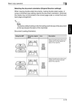 Page 134Basic copy operation3
362/282/222 3-19
Basic copy operation
Chapter 3
Selecting the document orientation (Original Direction settings)
When copying double-sided documents, making double-sided copies, or 
using a combined copy setting, specify the document orientation, otherwise 
the copies may not be printed in the correct page order or correct front and 
back page arrangement.
2
Note 
The factory default setting is the first setting (with the top of the document 
at the top (toward the back of the...