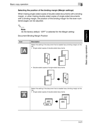 Page 136Basic copy operation3
362/282/222 3-21
Basic copy operation
Chapter 3
Selecting the position of the binding margin (Margin settings)
When making single-sided copies of double-sided documents with a binding 
margin, or when making double-sided copies of single-sided documents 
with a binding margin, the position of the binding margin for the even-num-
bered pages can be adjusted.
2
Note 
As the factory default, “OFF” is selected for the Margin setting.
Document Binding Margin Position
IconDescription...