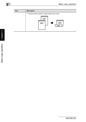 Page 1373Basic copy operation
3-22 362/282/222
Basic copy operation
Chapter 3
• Double-sided copies of single-sided documents
IconDescription
ABC
DEF
DEF
ABC
Downloaded From ManualsPrinter.com Manuals 