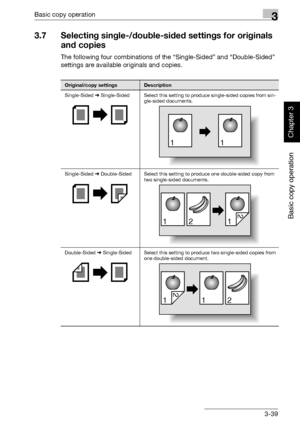 Page 154Basic copy operation3
362/282/222 3-39
Basic copy operation
Chapter 3
3.7 Selecting single-/double-sided settings for originals 
and copies
The following four combinations of the “Single-Sided” and “Double-Sided” 
settings are available originals and copies.
Original/copy settingsDescription
Single-Sided % Single-Sided Select this setting to produce single-sided copies from sin-
gle-sided documents.
Single-Sided % Double-Sided Select this setting to produce one double-sided copy from 
two single-sided...