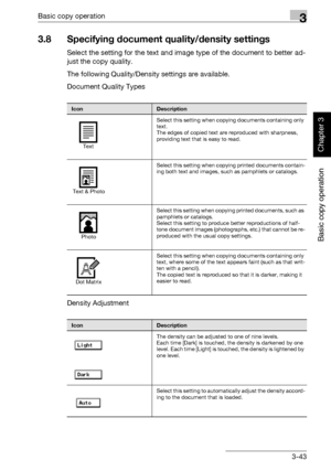 Page 158Basic copy operation3
362/282/222 3-43
Basic copy operation
Chapter 3
3.8 Specifying document quality/density settings
Select the setting for the text and image type of the document to better ad-
just the copy quality.
The following Quality/Density settings are available.
Document Quality Types
Density Adjustment
IconDescription
Select this setting when copying documents containing only 
text.
The edges of copied text are reproduced with sharpness, 
providing text that is easy to read.
Select this...