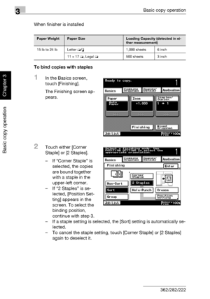 Page 1713Basic copy operation
3-56 362/282/222
Basic copy operation
Chapter 3
When finisher is installed
To bind copies with staples
1In the Basics screen, 
touch [Finishing].
The Finishing screen ap-
pears.
2Touch either [Corner 
Staple] or [2 Staples].
–If “Corner Staple” is 
selected, the copies 
are bound together 
with a staple in the 
upper-left corner.
– If “2 Staples” is se-
lected, [Position Set-
ting] appears in the 
screen. To select the 
binding position, 
continue with step 3.
– If a staple setting...