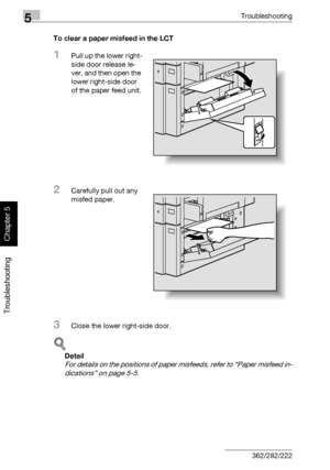 Page 2235Troubleshooting
5-18 362/282/222
Troubleshooting
Chapter 5
To clear a paper misfeed in the LCT
1Pull up the lower right-
side door release le-
ver, and then open the 
lower right-side door 
of the paper feed unit.
2Carefully pull out any 
misfed paper.
3Close the lower right-side door.
!
Detail 
For details on the positions of paper misfeeds, refer to “Paper misfeed in-
dications” on page 5-5.
Downloaded From ManualsPrinter.com Manuals 