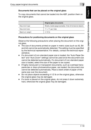 Page 270Copy paper/original documents7
362/282/222 7-19
Copy paper/original documents
Chapter 7
Documents that can be placed on the original glass
To copy documents that cannot be loaded into the ADF, position them on 
the original glass.
Precautions for positioning documents on the original glass
Observe the following precautions when placing the document on the origi-
nal glass.
-The size of documents printed on paper in metric sizes (such as A3, B4 
and A4) cannot be automatically detected. The setting must...