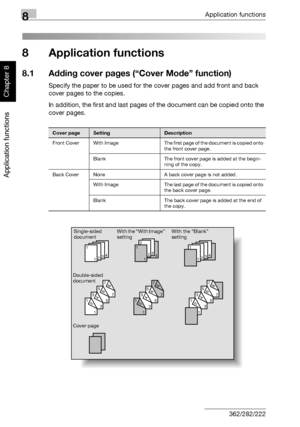 Page 2738Application functions
8-2 362/282/222
Application functions
Chapter 8
8 Application functions
8.1 Adding cover pages (“Cover Mode” function)
Specify the paper to be used for the cover pages and add front and back 
cover pages to the copies.
In addition, the first and last pages of the document can be copied onto the 
cover pages.
Cover pageSettingDescription
Front  Cover With  Image The first page of the document is copied onto 
the front cover page.
Blank The front cover page is added at the begin-...