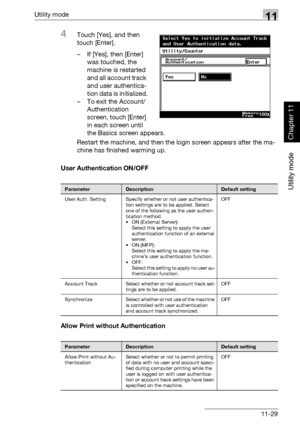 Page 370Utility mode11
362/282/222 11-29
Utility mode
Chapter 11
4Touch [Yes], and then 
touch [Enter].
– If [Yes], then [Enter] 
was touched, the 
machine is restarted 
and all account track 
and user authentica-
tion data is initialized.
– To exit the Account/
Authentication 
screen, touch [Enter] 
in each screen until 
the Basics screen appears.
Restart the machine, and then the login screen appears after the ma-
chine has finished warming up.
User Authentication ON/OFF
Allow Print without Authentication...