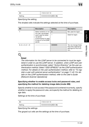 Page 398Utility mode11
362/282/222 11-57
Utility mode
Chapter 11
Specifying the setting
The shaded cells indicate the settings selected at the time of purchase.
!
Detail 
The information for the LDAP server to be connected to must be regis-
tered in order to use the LDAP server. In addition, when LDAP and user 
authentication is synchronized, select “Active Directory” as the user au-
thentication method. Select “GSS-SPNEGO” as the LDAP authentication 
method. For details on the user authentication method, refer...