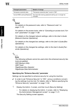 Page 40511Utility mode
11-64 362/282/222
Utility mode
Chapter 11
!
Detail 
For details on the password rules, refer to “Password rules” on 
page 11-70.
For details on the access locks, refer to “Canceling an access lock (“Un-
lock” parameter)” on page 11-66.
For details on the changed network settings, refer to the User’s Guide 
[Network Scanner Operations].
For details on the changed box settings, refer to the User’s Guide [Box 
Operations].
For details on the changed fax settings, refer to the User’s Guide...