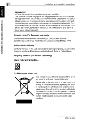 Page 451Installation and operation precautions
1-14 362/282/222
Installation and operation precautions
Chapter 1
Acoustic noise (For European users only)
Maschinenlärminformations-Verordnung 3. GPSGV: Der höchste 
Schalldruckpegel beträgt 70 dB(A) oder weniger gemäss EN ISO 7779.
Notification for US only
Contains Mercury in the LCD control panel backlighting lamp, and/or in the 
scanning unit lamp. Dispose According to Local, State or Federal Laws.
Recycling batteries (For Taiwan Users Only)
For EU member...