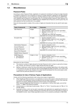 Page 12bizhub 423/363/283/2231-8
1.5 Miscellaneous1
1.5 Miscellaneous
Password Rules
According to certain Password Rules, registration of a password consisting of a string of a single character 
or change of a password to one consisting of a string of a single character is rejected for the Administrator 
Password, User Password, Account Password, User Box Password, Secure Print Password, SNMP Pass-
word, WebDAV Server Password, and Encryption Key. For the Administrator Password, User Password, Ac-
count...