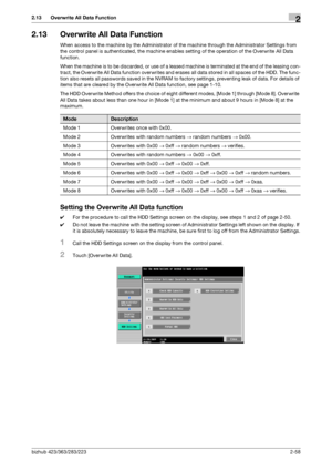 Page 73bizhub 423/363/283/2232-58
2.13 Overwrite All Data Function2
2.13 Overwrite All Data Function
When access to the machine by the Administrator of the machine through the Administrator Settings from 
the control panel is authenticated, the machine enables setting of the operation of the Overwrite All Data 
function.
When the machine is to be discarded, or use of a leased machine is terminated at the end of the leasing con-
tract, the Overwrite All Data function overwrites and erases all data stored in all...