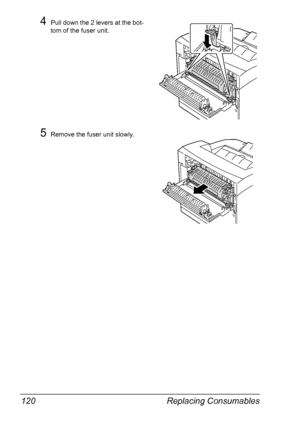 Page 130Replacing Consumables 120
4Pull down the 2 levers at the bot-
tom of the fuser unit.
5Remove the fuser unit slowly.
Downloaded From ManualsPrinter.com Manuals 