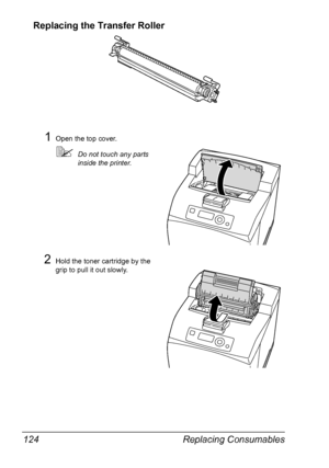 Page 134Replacing Consumables 124
Replacing the Transfer Roller
1Open the top cover.
Do not touch any parts 
inside the printer.
2Hold the toner cartridge by the 
grip to pull it out slowly.
Downloaded From ManualsPrinter.com Manuals 