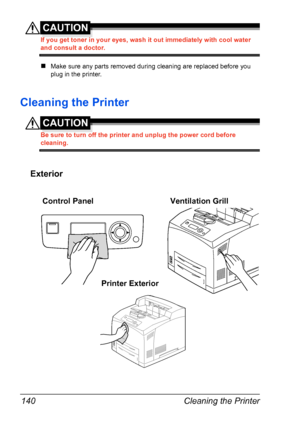 Page 150Cleaning the Printer 140
CAUTION
If you get toner in your eyes, wash it out immediately with cool water 
and consult a doctor.
„Make sure any parts removed during cleaning are replaced before you 
plug in the printer.
Cleaning the Printer
CAUTION
Be sure to turn off the printer and unplug the power cord before 
cleaning.
Exterior
Control Panel Ventilation Grill
Printer Exterior
Downloaded From ManualsPrinter.com Manuals 