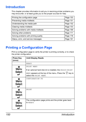 Page 160Introduction 150
Introduction
This chapter provides information to aid you in resolving printer problems you 
may encounter, or at least guide you to the proper sources for help. 
Printing a Configuration Page
Print a configuration page to verify the printer is printing correctly, or to check 
the printer configuration.Printing the configuration page Page 150
Preventing media misfeeds Page 151
Understanding the media path Page 152
Clearing media misfeeds Page 153
Solving problems with media misfeeds Page...