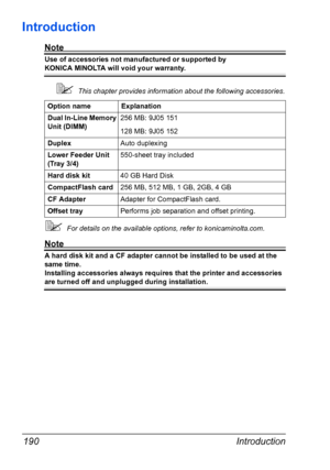 Page 200Introduction 190
Introduction
Note
Use of accessories not manufactured or supported by 
KONICA MINOLTA will void your warranty. 
This chapter provides information about the following accessories.
For details on the available options, refer to konicaminolta.com.
Note
A hard disk kit and a CF adapter cannot be installed to be used at the 
same time.
Installing accessories always requires that the printer and accessories 
are turned off and unplugged during installation.Option name Explanation
Dual...