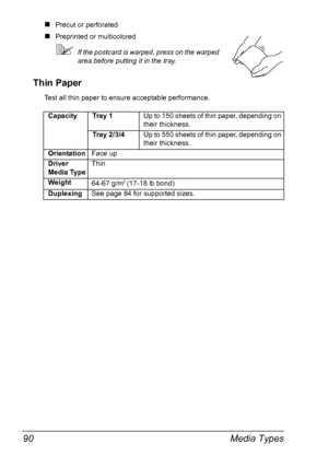 Page 100Media Types 90
„Precut or perforated
„Preprinted or multicolored 
If the postcard is warped, press on the warped 
area before putting it in the tray.
Thin Paper
Test all thin paper to ensure acceptable performance.
Capacity Tray 1Up to 150 sheets of thin paper, depending on 
their thickness.
Tray 2/3/4Up to 550 sheets of thin paper, depending on 
their thickness.
OrientationFace up
Driver 
Media TypeThin
Weight
64-67 g/m
2 (17-18 lb bond)
DuplexingSee page 84 for supported sizes.
Downloaded From...