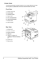 Page 14Getting Acquainted with Your Printer 4
Printer Parts
The following drawings illustrate the parts of your printer referred to through-
out this guide, so please take some time to become familiar with them.
Front View
1—Center output tray
2—Control panel
3—Ventilation grilles
4—Paper meter
5—Tray1 (A4/150sheets)
6—Tray2 (A4/550sheets)
7—Power switch
8—Paper stopper
Rear View
1—Exhaust port
2—Duplex connector
3—Power connection
4—USB port
5—10Base-T/100Base-TX/
1000Base-T Ethernet Interface 
port
6—Parallel...