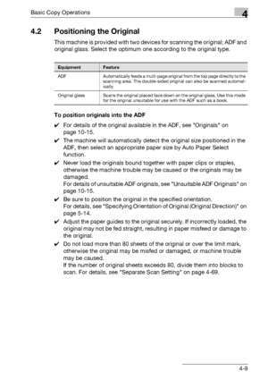 Page 137Basic Copy Operations4
bizhub 500/420/360 (Phase 3) 4-9
4.2 Positioning the Original
This machine is provided with two devices for scanning the original; ADF and 
original glass. Select the optimum one according to the original type.
To position originals into the ADF
0For details of the original available in the ADF, see Originals on 
page 10-15.
0The machine will automatically detect the original size positioned in the 
ADF, then select an appropriate paper size by Auto Paper Select 
function.
0Never...