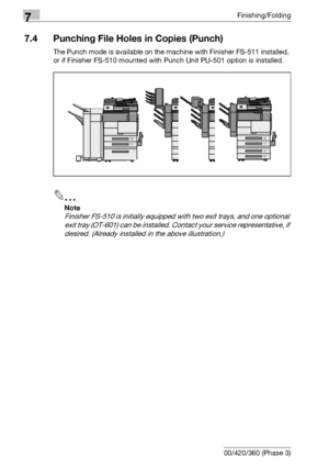 Page 3987Finishing/Folding
7-18 bizhub 500/420/360 (Phase 3)
7.4 Punching File Holes in Copies (Punch)
The Punch mode is available on the machine with Finisher FS-511 installed, 
or if Finisher FS-510 mounted with Punch Unit PU-501 option is installed.
2
Note 
Finisher FS-510 is initially equipped with two exit trays, and one optional 
exit tray (OT-601) can be installed. Contact your service representative, if 
desired. (Already installed in the above illustration.)
Downloaded From ManualsPrinter.com Manuals 