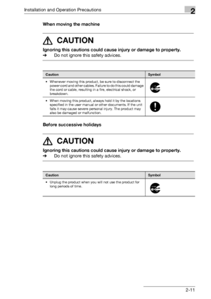 Page 49Installation and Operation Precautions2
bizhub 500/420/360 (Phase 3) 2-11When moving the machine
7 CAUTION 
Ignoring this cautions could cause injury or damage to property.
%Do not ignore this safety advices.
Before successive holidays
7 CAUTION 
Ignoring this cautions could cause injury or damage to property.
%Do not ignore this safety advices.
CautionSymbol
• Whenever moving this product, be sure to disconnect the 
power cord and other cables. Failure to do this could damage 
the cord or cable,...