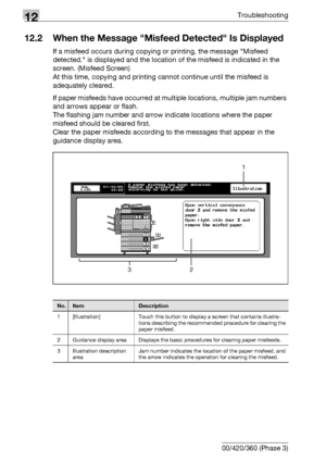 Page 54412Troubleshooting
12-6 bizhub 500/420/360 (Phase 3)
12.2 When the Message Misfeed Detected Is Displayed
If a misfeed occurs during copying or printing, the message Misfeed 
detected. is displayed and the location of the misfeed is indicated in the 
screen. (Misfeed Screen)
At this time, copying and printing cannot continue until the misfeed is 
adequately cleared.
If paper misfeeds have occurred at multiple locations, multiple jam numbers 
and arrows appear or flash.
The flashing jam number and arrow...