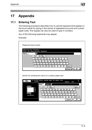 Page 783Appendix17
bizhub 500/420/360 (Phase 3) 17-3
17 Appendix
17.1 Entering Text
The following procedure describes how to use the keyboard that appears in 
the touch panel for typing in the names of registered accounts and custom 
paper sizes. The keypad can also be used to type in numbers.
Any of the following keyboards may appear.
Example
Password input screen
Screen for entering the name of a custom paper size
Downloaded From ManualsPrinter.com Manuals 