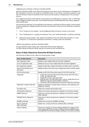 Page 14bizhub 423/363/283/2231-10
1.5 Miscellaneous1

Windows Vista/Server2008, which offers enhanced security functions, gives a certificate error message if the 
SSL certificate is one that is not issued by a certification body. In such cases, it becomes necessary to reg-
ister with Windows Vista the certificate of this machine as that issued by a reliable party for the computer 
account.
First, register Host Name and IP address of this machine in the DNS server in advance. Then, in TCP/IP Set-
tings of...