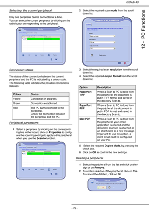 Page 79bizhub 43
- 79 -
12 -  PC Functions
Selecting  the current peripheral
Only one peripheral can be connected at a time.
You can select the current peripheral by clicking on the 
radio button corresponding to the peripheral.
Connection status
The status of the connection between the current 
peripheral and the PC is indicated by a colour code.
The following table indicates the possible connections 
statuses:
 
Peripheral parameters
1Select a peripheral by clicking on the correspond-
ing line in the list and...