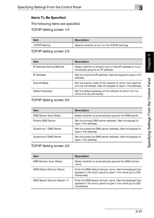 Page 172Specifying Settings From the Control Panel3
bizhub 500/420 3-47
Specifying Settings From the Control Panel
Chapter 3
Items To Be Specified
The following items are specified.
TCP/IP Setting screen 1/5
TCP/IP Setting screen 2/5
TCP/IP Setting screen 3/5
TCP/IP Setting screen 4/5
ItemDescription
TCP/IP Setting Specify whether to turn on the TCP/IP settings.
ItemDescription
IP Address Setting Method Select whether to directly input a fixed IP address or to au-
tomatically acquire an IP address.
IP  Address...