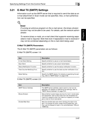 Page 212Specifying Settings From the Control Panel3
bizhub 500/420 3-87
Specifying Settings From the Control Panel
Chapter 3
3.21 E-Mail TX (SMTP) Settings
Information such as the SMTP server that is required to send the data as an 
e-mail attachment in Scan mode can be specified. Also, e-mail authentica-
tion can be specified.
!
Detail 
If running an antivirus program on the e-mail server, the binary division 
function may not be able to be used. For details, ask the network admin-
istrator.
To receive binary...