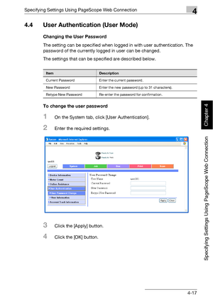 Page 288Specifying Settings Using PageScope Web Connection4
bizhub 500/420 4-17
Specifying Settings Using PageScope Web Connection
Chapter 4
4.4 User Authentication (User Mode)
Changing the User Password
The setting can be specified when logged in with user authentication. The 
password of the currently logged in user can be changed.
The settings that can be specified are described below.
To change the user password
1On the System tab, click [User Authentication].
2Enter the required settings.
3Click the [Apply]...