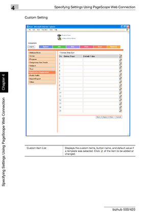 Page 3414Specifying Settings Using PageScope Web Connection
4-70 bizhub 500/420
Specifying Settings Using PageScope Web Connection
Chapter 4
Custom Setting
Custom Item List Displays the custom items, button name, and default value if 
a template was selected. Click   of the item to be added or 
changed.
Downloaded From ManualsPrinter.com Manuals 