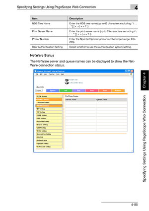 Page 356Specifying Settings Using PageScope Web Connection4
bizhub 500/420 4-85
Specifying Settings Using PageScope Web Connection
Chapter 4
NetWare Status
The NetWare server and queue names can be displayed to show the Net-
Ware connection status.
NDS Tree Name Enter the NDS tree name (up to 63 characters excluding /  : ; 
, * [ ] < > | + = ? .).
Print Server Name Enter the print server name (up to 63 characters excluding / \ 
: ; , * [ ] < > | + = ? .).
Printer Number Enter the Nprinter/Rprinter printer number...