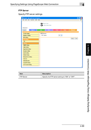 Page 360Specifying Settings Using PageScope Web Connection4
bizhub 500/420 4-89
Specifying Settings Using PageScope Web Connection
Chapter 4
FTP Server
Specify FTP server settings.
ItemDescription
FTP Server Specify the FTP server setting to “ON” or “OFF”.
Downloaded From ManualsPrinter.com Manuals 