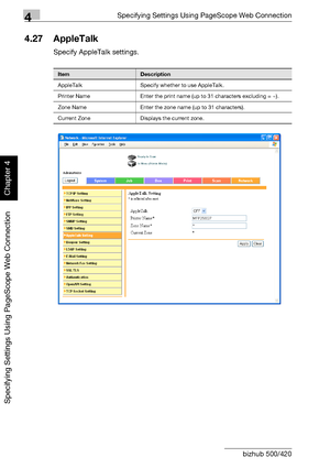 Page 3654Specifying Settings Using PageScope Web Connection
4-94 bizhub 500/420
Specifying Settings Using PageScope Web Connection
Chapter 4
4.27 AppleTalk
Specify AppleTalk settings.
ItemDescription
AppleTalk Specify whether to use AppleTalk.
Printer Name Enter the print name (up to 31 characters excluding = ~).
Zone Name Enter the zone name (up to 31 characters).
Current Zone Displays the current zone.
Downloaded From ManualsPrinter.com Manuals 