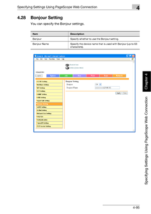 Page 366Specifying Settings Using PageScope Web Connection4
bizhub 500/420 4-95
Specifying Settings Using PageScope Web Connection
Chapter 4
4.28 Bonjour Setting
You can specify the Bonjour settings.
ItemDescription
Bonjour Specify whether to use the Bonjour setting.
Bonjour Name Specify the device name that is used with Bonjour (up to 63 
characters).
Downloaded From ManualsPrinter.com Manuals 