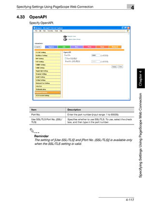 Page 388Specifying Settings Using PageScope Web Connection4
bizhub 500/420 4-117
Specifying Settings Using PageScope Web Connection
Chapter 4
4.33 OpenAPI
Specify OpenAPI.
2
Reminder 
The setting of [Use SSL/TLS] and [Port No. (SSL/TLS)] is available only 
when the SSL/TLS setting is valid.
ItemDescription
Port No. Enter the port number (input range: 1 to 65535).
Use SSL/TLS Port No. (SSL/
TLS)Specifies whether to use SSL/TLS. To use, select the check 
box, and then type in the port number.
Downloaded From...