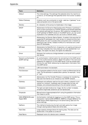 Page 402Appendix6
bizhub 500/420 6-9
Appendix
Chapter 6
Default The initial settings. The settings first selected when the machine is 
turned on, or the settings first specified when the function is select-
ed.
Default Gateway A device, such as a computer or router, used as a “gateway” to ac-
cess computers not on the same LAN.
Density An indication of the amount of darkness in the image.
DHCP Abbreviation for Dynamic Host Configuration Protocol. A protocol in 
which a client computer on a TCP/IP network...