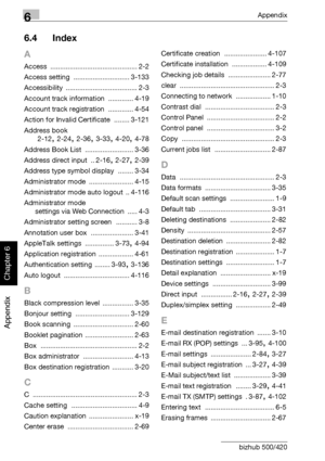 Page 4076Appendix
6-14 bizhub 500/420
Appendix
Chapter 6
6.4 Index
A
Access ............................................. 2-2
Access setting
 ............................. 3-133
Accessibility
 ..................................... 2-3
Account track information
 ............. 4-19
Account track registration
 ............. 4-54
Action for Invalid Certificate
 ........ 3-121
Address book
2-12
, 2-24, 2-36, 3-33, 4-20, 4-78
Address Book List
 ......................... 3-36
Address direct input
 .. 2-16, 2-27, 2-39...