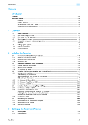Page 3Fax Driverx-2
Introduction
Contents
Introduction
Contents ..................................................................................................................................................................x-2
About this manual...................................................................................................................................................x-4
Contents...