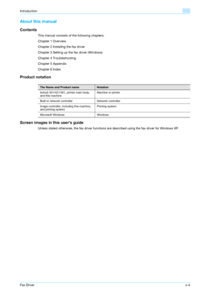 Page 5Fax Driverx-4
Introduction
About this manual
Contents
This manual consists of the following chapters.
Chapter 1 Overview
Chapter 2 Installing the fax driver
Chapter 3 Setting up the fax driver (Windows)
Chapter 4 Troubleshooting
Chapter 5 Appendix
Chapter 6 Index
Product notation
Screen images in this user’s guide
Unless stated otherwise, the fax driver functions are described using the fax driver for Windows XP.
The Name and Product nameNotation
bizhub 501/421/361, printer main body, 
and this...