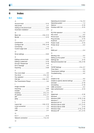 Page 666-2Fax Driver
6Index
6Index
6.1 Index
A
Account track ...................................................... 3-14
Add printer
 ............................................................. 2-7
Adding to the phone book
 ................................... 3-20
Automatic installation
 ............................................ 2-4
B
Basic tab ......................................................3-9, 3-12
Border
 .................................................................. 3-15
C
Combination...