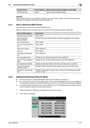 Page 25bizhub 652/5522-10
2.2 Enhancing the Security Function2
NOTICE
When Password Rules is set to [ON] the characters and the number of digits used for each password are 
restricted. For details of the Password Rules, see page 1-8.
2.2.1 Items cleared by HDD Format
Following are the items that are cleared by HDD Format.
Whenever HDD Format is executed, be sure to set the Enhanced Security Mode to [ON] again.
2.2.2 Setting the Enhanced Security Mode
0For the procedure to call the Administrator Settings on the...