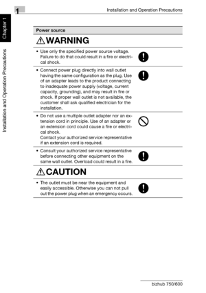 Page 351Installation and Operation Precautions
1-4 bizhub 750/600
Installation and Operation Precautions
Chapter 1
Power source
WARNING
• Use only the specified power source voltage. 
Failure to do that could result in a fire or electri-
cal shock.
• Connect power plug directly into wall outlet 
having the same configuration as the plug. Use 
of an adapter leads to the product connecting 
to inadequate power supply (voltage, current 
capacity, grounding), and may result in fire or 
shock. If proper wall outlet...